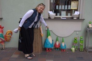 Marion pats the gnomes