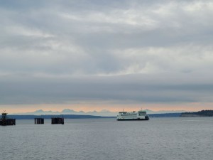 The ferry and mountains